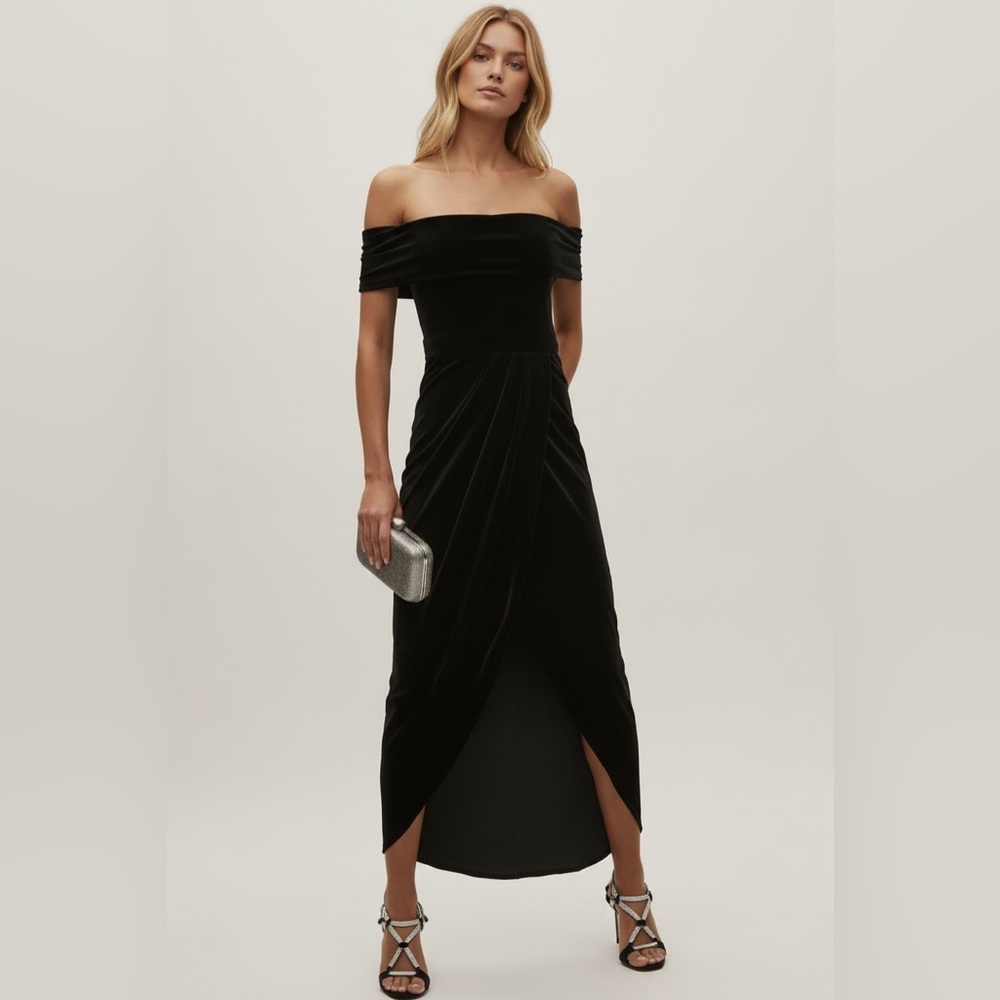 BHLDN Black Strapless Off-Shoulder Velvet Midi Dress